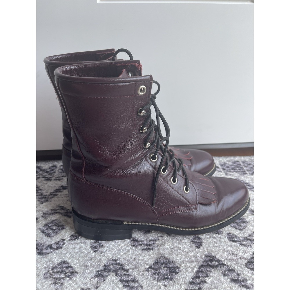 Vintage 80s Justin Boots Wine Spanish Lace Up Roper Kilte Fringe Cowgirl 5.5C